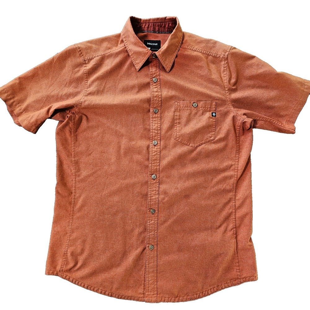 Marmot Mens Short Sleeve Button Down Shirt Orange Textured Hiking Small